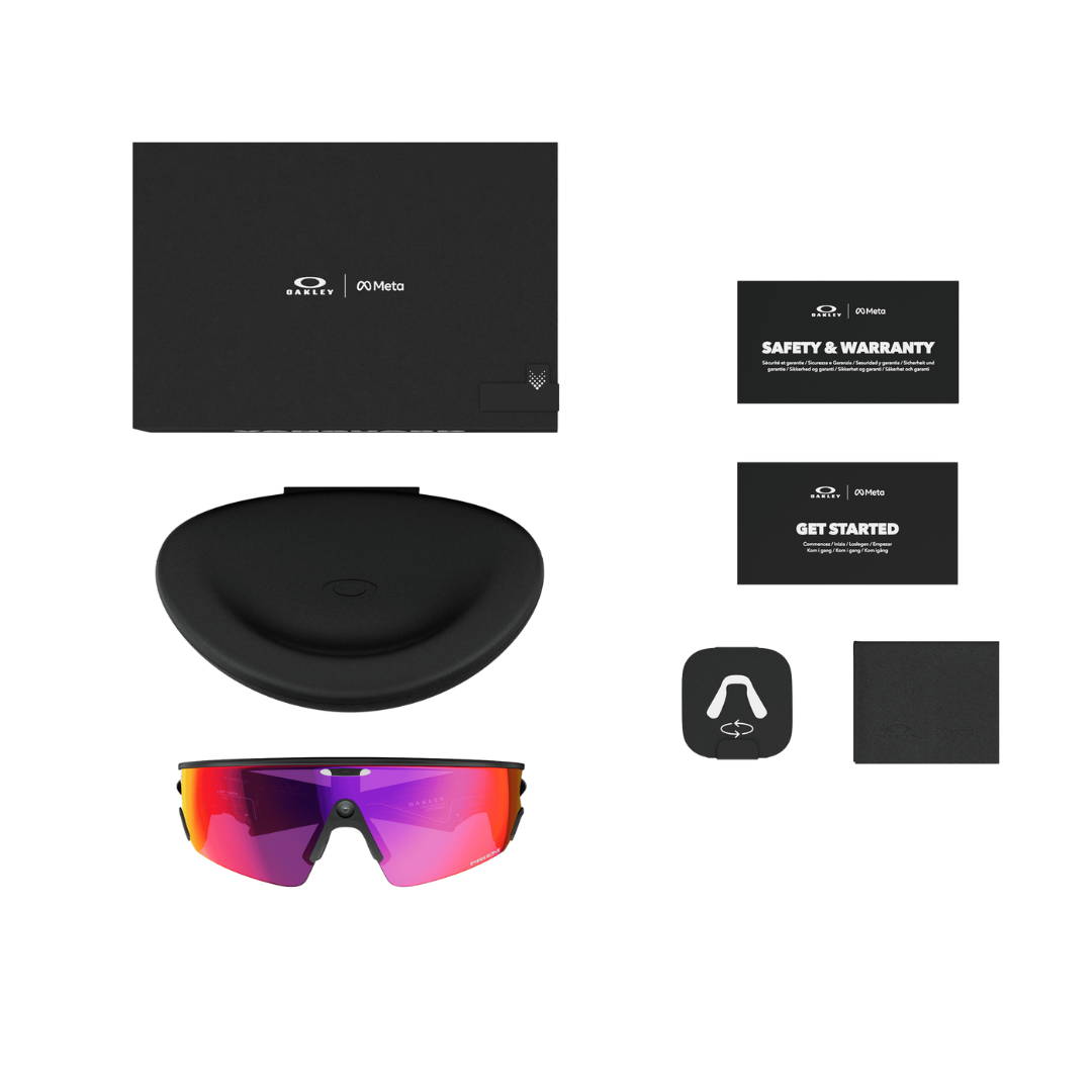 Box contents of Oakley Meta Vanguard OW8001 with black frame and Prizm 24K lenses
